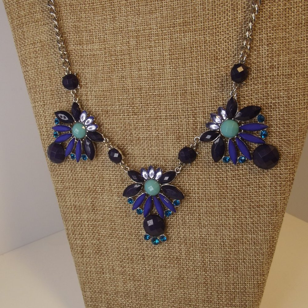 Shades of Blue Rhinestone Statement Necklace Floral